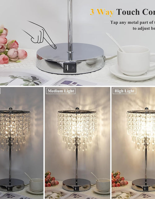 Load image into Gallery viewer, Touch Control Crystal Table Lamp with Dual USB Charging Ports, 3-Way Dimmable Bedside Touch Lamp Decorative Nightstand Lamp with Elegant Lamp Shade for Living Room Bedroom, B11 LED Bulb Included
