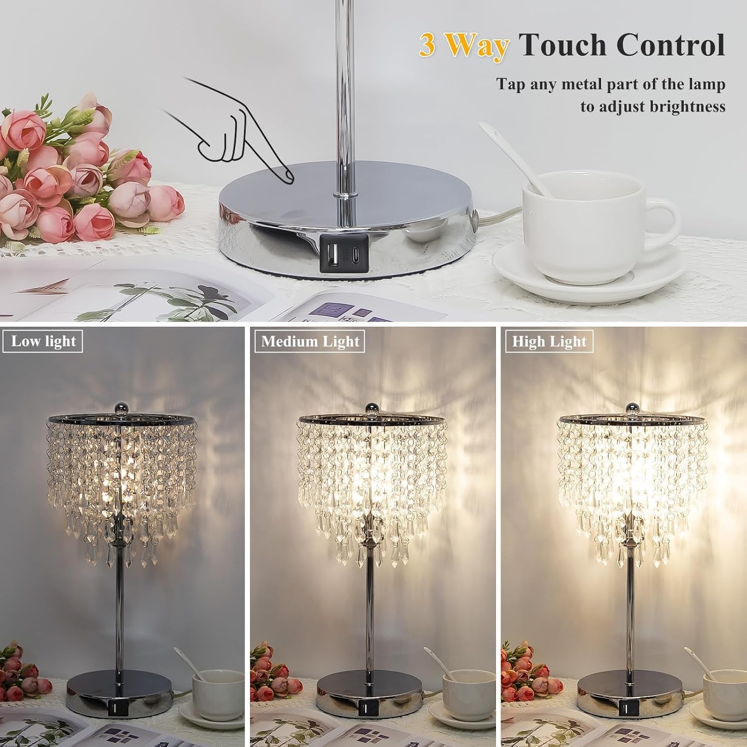Touch Control Crystal Table Lamp with Dual USB Charging Ports, 3-Way Dimmable Bedside Touch Lamp Decorative Nightstand Lamp with Elegant Lamp Shade for Living Room Bedroom, B11 LED Bulb Included