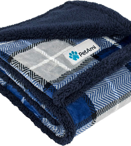 Dog Blanket for Medium Large Dogs, Pet Bed Blanket Cat Puppy Kitten, Fleece Furniture Couch Cover Protector Sofa Car, Soft Sherpa Dog Throw Plush Reversible Washable, 40X60 Plaid Navy Blue