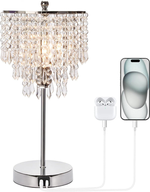 Load image into Gallery viewer, Touch Control Crystal Table Lamp with Dual USB Charging Ports, 3-Way Dimmable Bedside Touch Lamp Decorative Nightstand Lamp with Elegant Lamp Shade for Living Room Bedroom, B11 LED Bulb Included
