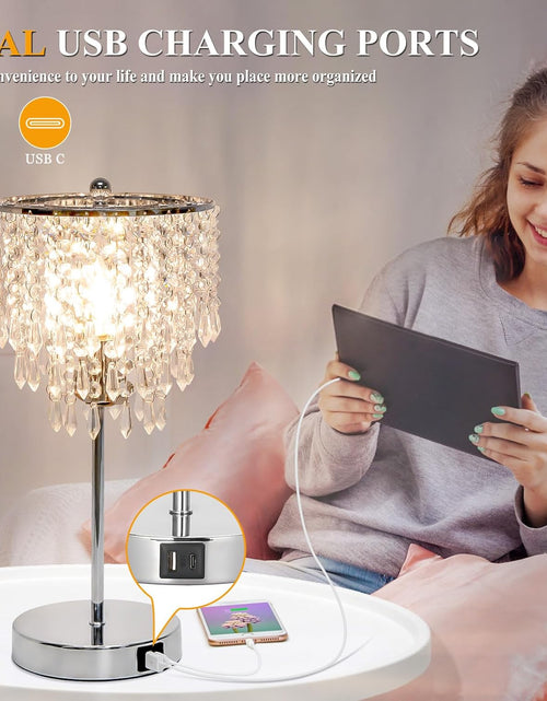 Load image into Gallery viewer, Touch Control Crystal Table Lamp with Dual USB Charging Ports, 3-Way Dimmable Bedside Touch Lamp Decorative Nightstand Lamp with Elegant Lamp Shade for Living Room Bedroom, B11 LED Bulb Included
