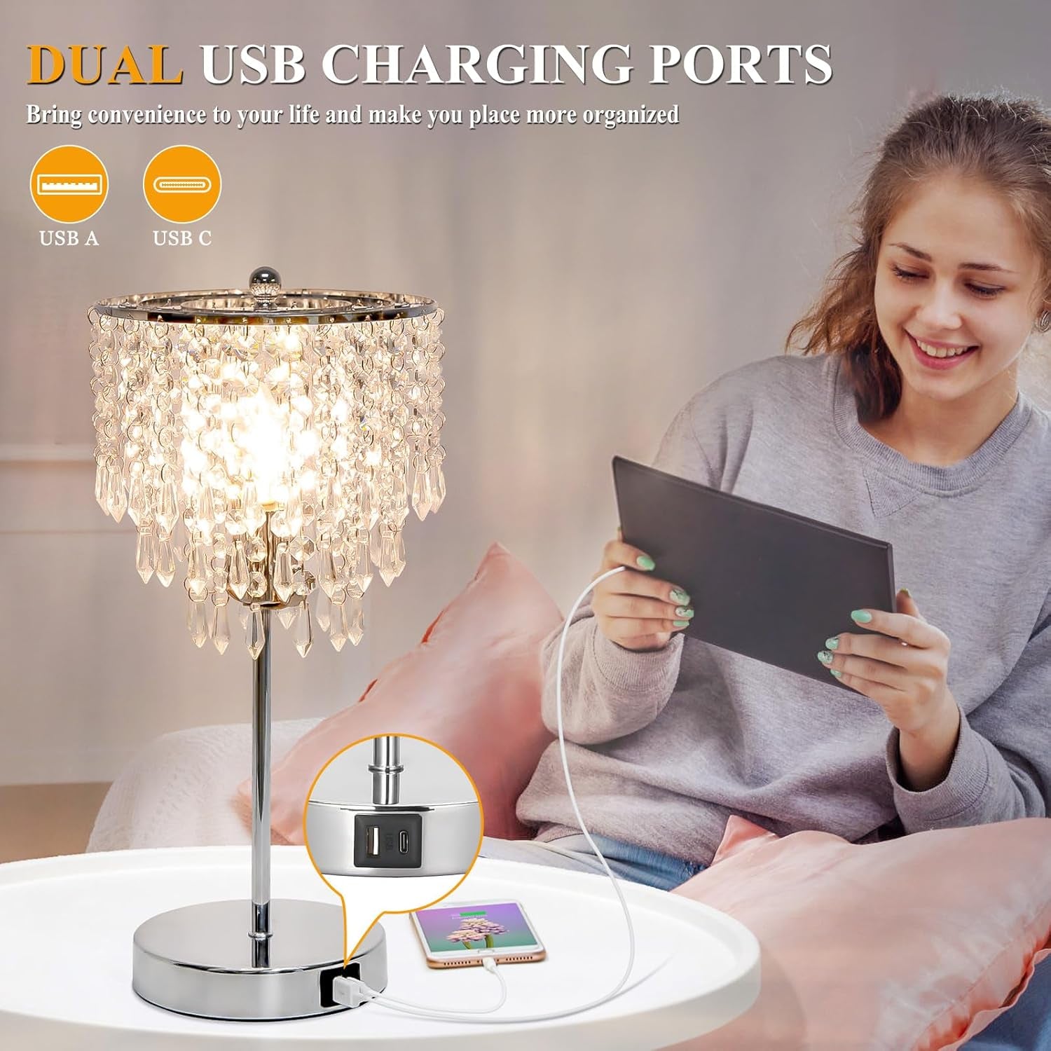 Touch Control Crystal Table Lamp with Dual USB Charging Ports, 3-Way Dimmable Bedside Touch Lamp Decorative Nightstand Lamp with Elegant Lamp Shade for Living Room Bedroom, B11 LED Bulb Included