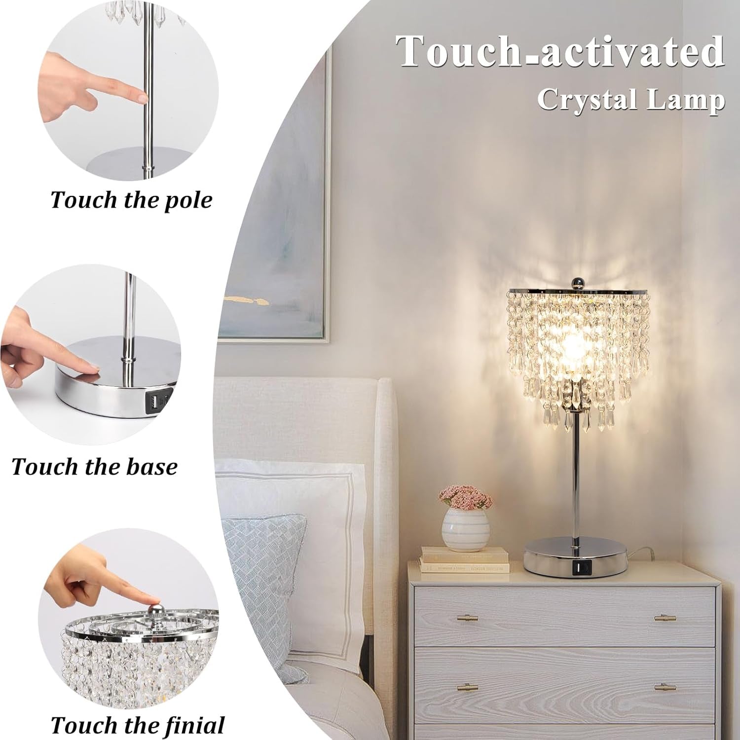 Touch Control Crystal Table Lamp with Dual USB Charging Ports, 3-Way Dimmable Bedside Touch Lamp Decorative Nightstand Lamp with Elegant Lamp Shade for Living Room Bedroom, B11 LED Bulb Included