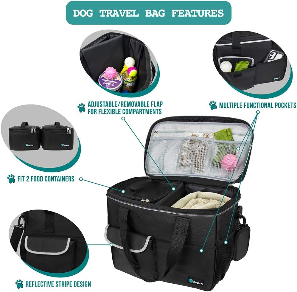 Dog Travel Bag | Airline Approved Tote Organizer with Multi-Function Pockets, Food Container Bag and Collapsible Bowl | Perfect Weekend Pet Travel Set for Dog, Cat