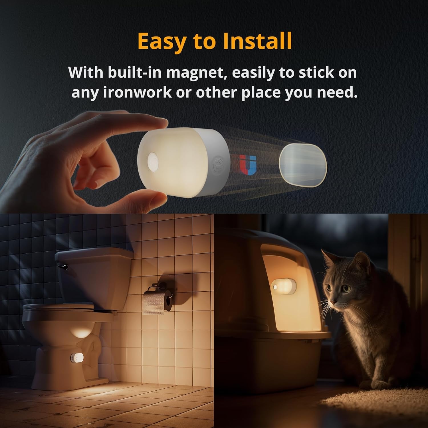Rechargeable Battery Night Light with Motion Sensor, Portable Mini Warm White LED Stick-On Closet Light, Adjustable Brightness for Bathroom, Bedroom, Kitchen, Cabinet, Stairs, Hallway, 2-Pack