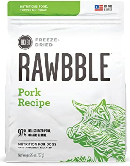 Load image into Gallery viewer, Rawbble Freeze Dried Dog Food, Pork Recipe, 26 Oz - 97% Meat and Organs, No Fillers - Pantry-Friendly Raw Dog Food for Meal, Treat or Food Topper - USA Made in Small Batches
